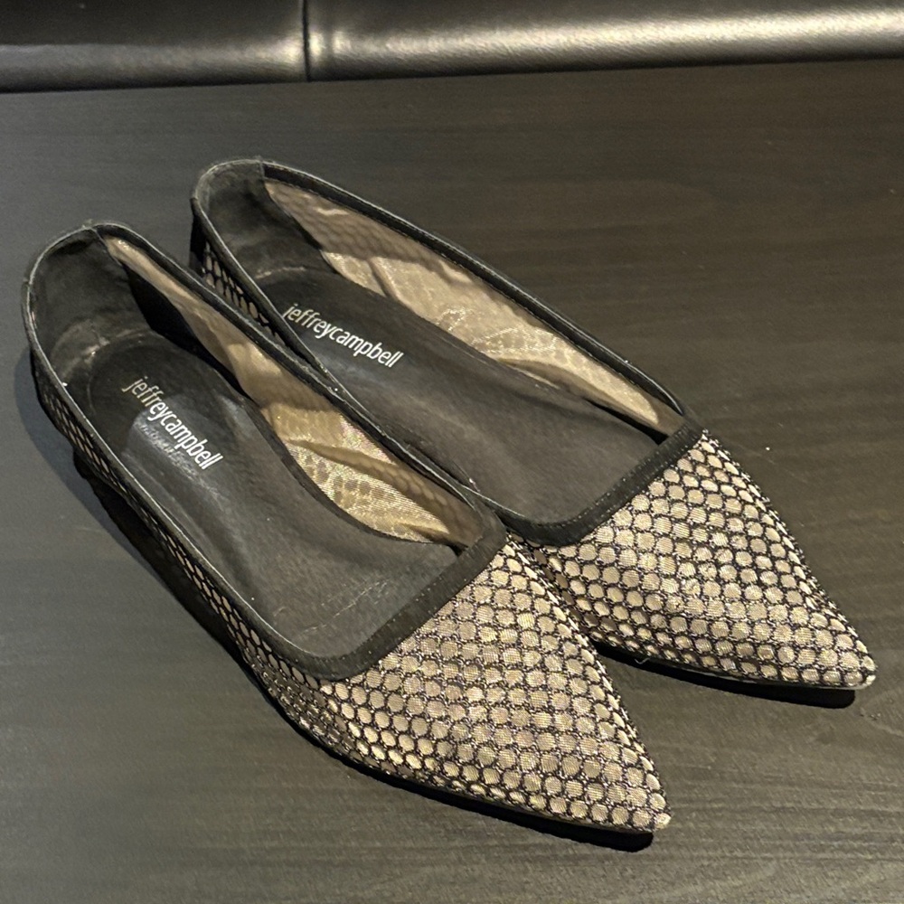 Jeffrey Campbell Black and Beige Mesh Flats